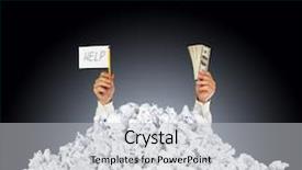  Presentation with person help sign poverty - Presentation consisting of me person under crumpled pile background and a light gray colored foreground