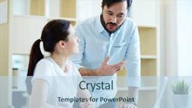  Presentation with help desk - Cool new PPT theme with help young woman at desk backdrop and a sky blue colored foreground