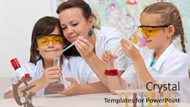  Presentation with school elementary - Beautiful slides featuring helped by teacher in science backdrop and a coral colored foreground