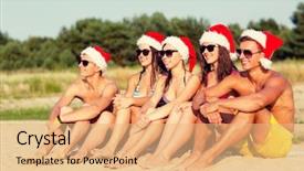  Presentation with happiness - Audience pleasing PPT theme consisting of helper hats sitting on beach backdrop and a coral colored foreground