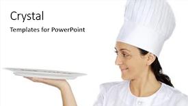  Presentation with woman praying over bible - PPT theme featuring helpful hint - happy attractive cook woman background and a  colored foreground