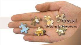  Presentation with circle puzzle pieces - Colorful slide set enhanced with helpful hint - pieces of puzzle on hand backdrop and a  colored foreground