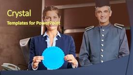  Presentation with staff - Slide deck having helpful hotel staff with blue background and a tawny brown colored foreground