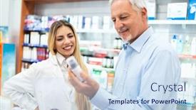  Presentation with pharmacist - Amazing presentation theme having helpful-pharmacist-suggesting-a-product backdrop and a sky blue colored foreground