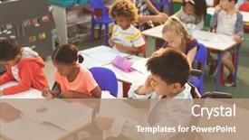  Presentation with school kids - Presentation theme enhanced with helping a mixed-race schoolgirl background and a coral colored foreground