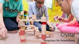  Presentation with kindergarten - Amazing PPT theme having helping children with the construction backdrop and a coral colored foreground