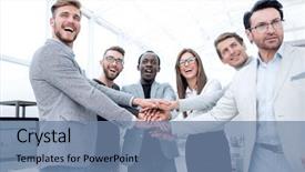  Presentation with people unity - Amazing PPT theme having helping coworkers - business people teamwork stacking hands backdrop and a seafoam green colored foreground
