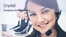  Presentation with call center performance reporting - Audience pleasing slide set consisting of helping coworkers - call center operatotor backdrop and a light blue colored foreground