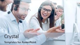  Presentation with staff - Colorful PPT theme enhanced with helping coworkers - close up smiling staff call backdrop and a light blue colored foreground