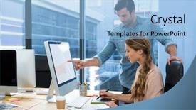  Presentation with graphic images - PPT theme consisting of helping coworkers - graphic designer working at desk background and a light blue colored foreground