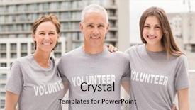  Presentation with roof - Slide deck consisting of helping coworkers - portrait of smiling volunteers putting background and a light gray colored foreground