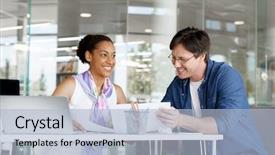  Presentation with coworkers - PPT theme consisting of helping coworkers - shot of a young office background and a light blue colored foreground