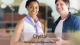  Presentation with next - Cool new PPT layouts with helping coworkers - two collegues standing next backdrop and a coral colored foreground