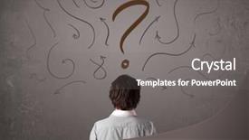  Presentation with 3d man sitting question mark - Presentation theme consisting of helping hand team work - business man looking at question background and a gray colored foreground