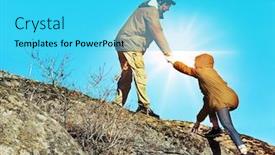  Presentation with helping hands - PPT theme featuring helping hands with sunlight between two climbers background and a cyan colored foreground
