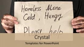  Presentation with black man - Cool new slide deck with homeless man asks for help on black background close-up backdrop and a coral colored foreground