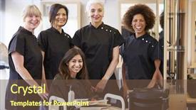  Presentation with hairdressing salon - Slide set with helping mature students in hairdressing background and a tawny brown colored foreground