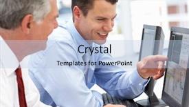  Presentation with computers - Presentation design having helping men - businessmen working on computers background and a light blue colored foreground