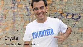  Presentation with volunteer - Cool new PPT theme with helping men - portrait of a happy male backdrop and a mint green colored foreground