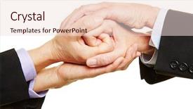  Presentation with helping hands - Amazing PPT theme having helping men - two businesspeople folding hands together backdrop and a lemonade colored foreground