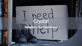  Presentation with cardboard - Presentation theme with helping needy - dirty boots and piece background and a gray colored foreground