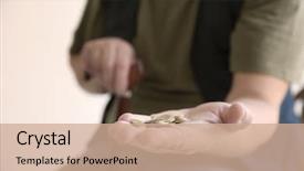  Presentation with helping hand - Audience pleasing presentation theme consisting of helping needy - hand of senior man backdrop and a coral colored foreground