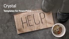  Presentation with cardboard - Colorful slide set enhanced with helping needy - old shoes coins and piece backdrop and a gray colored foreground