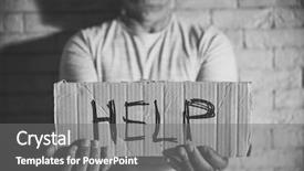  Presentation with white brick wall - Beautiful PPT theme featuring helping needy - poor man holding sign backdrop and a gray colored foreground