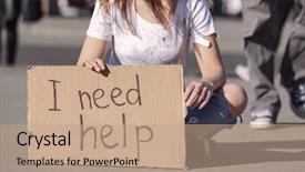  Presentation with street - Audience pleasing presentation theme consisting of helping needy - poor woman begging for help backdrop and a coral colored foreground