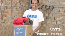  Presentation with community service happy volunteer group - PPT theme consisting of helping poor - happy hispanic volunteer with coat background and a coral colored foreground