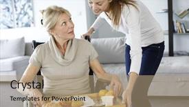  Presentation with guide dog helping blind woman - PPT layouts consisting of helping senior woman at home background and a coral colored foreground