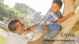  Presentation with helping - Beautiful PPT theme featuring helping son climb a tree backdrop and a coral colored foreground