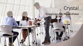  Presentation with staff - Slide set with helping staff in busy office background and a lemonade colored foreground