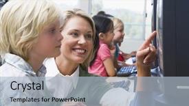  Presentation with terminal - Amazing PPT theme having helping student at computer terminal backdrop and a light blue colored foreground