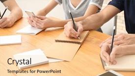  Presentation with people unity - Cool new PPT theme with helping students achieve - group of young people writing backdrop and a lemonade colored foreground