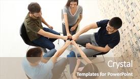  Presentation with people unity - Presentation theme having helping students achieve - people putting fists together indoors background and a  colored foreground