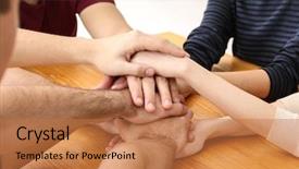  Presentation with people unity - Beautiful theme featuring helping students achieve - people putting hands together closeup backdrop and a coral colored foreground