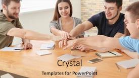  Presentation with people unity - Slide set enhanced with helping students achieve - people putting hands together closeup background and a coral colored foreground