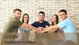  Presentation with people unity - Colorful slides enhanced with helping students achieve - people putting hands together indoors backdrop and a coral colored foreground