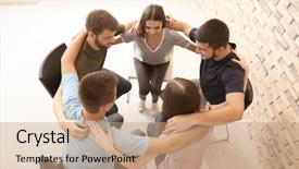  Presentation with people unity - Presentation theme having helping students achieve - people sitting together in circle background and a coral colored foreground
