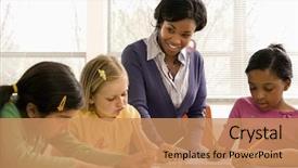  Presentation with helping - PPT theme consisting of helping students in school classroom background and a coral colored foreground