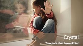  Presentation with children abuse - Presentation design with helpless little girl near window background and a coral colored foreground