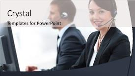  Presentation with call center - Slide deck consisting of helpline - female customer services agent background and a  colored foreground