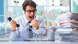  Presentation with workload - Slide deck having helpline - unhappy angry call center worker background and a light blue colored foreground