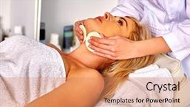  Presentation with middle ages portrait - Presentation design featuring helth - portrait of serious woman middle-aged background and a coral colored foreground