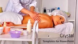  Presentation with beautician - Colorful presentation design enhanced with helth - woman middle-aged take back massage backdrop and a coral colored foreground