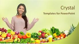  Presentation with frame of fruits and vegetables - Slides with helth education - happy asian girl with fruits background and a soft green colored foreground