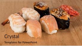  Presentation with newspapers - Theme with helthy - delicious fresh japanese sushi rolls background and a coral colored foreground