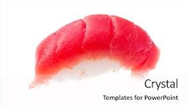  Presentation with tuna - Cool new slide deck with helthy - red tuna sushi isolated backdrop and a sky blue colored foreground
