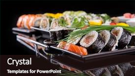  Presentation with sushi - Beautiful PPT theme featuring helthy - various kind of sushi food backdrop and a wine colored foreground